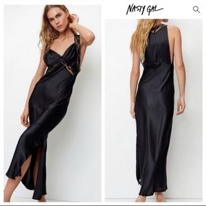 Nasty Gal Satin Lace Trim Cut Out Maxi Slip Dress